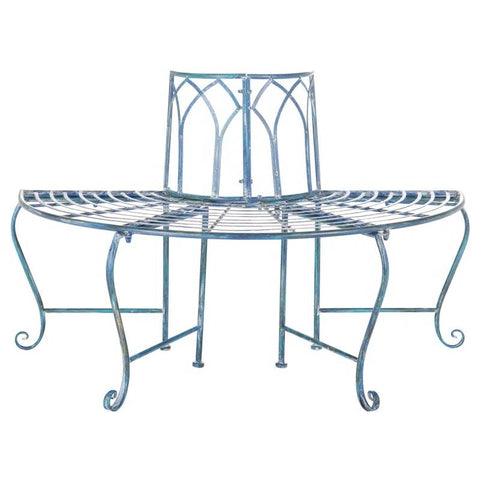 Half-Circle Outdoor Patio Garden Antique Blue Wrought Iron Tree Bench