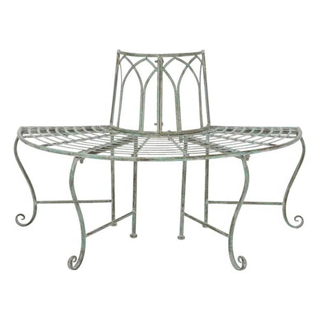 Half-Circle Outdoor Patio Garden Wrought Iron Tree Bench in Antique Green
