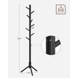 Modern Solid Wood Coat Rack in Black Finish with 8 Hanging Hooks