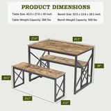 Modern Industrial Wood-Top Kitchen Dining Table Set with 2 Backless Benches