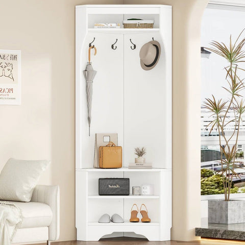 Modern White Corner Hall Tree Coat Rack Entryway Storage Cabinet Shoe Bench