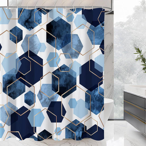 72"W x 84"H Blue White Hexagon Geometric Pattern Polyester Shower Curtain