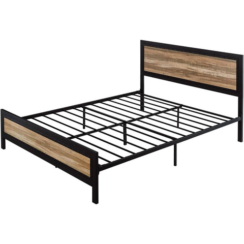 Full Industrial Metal Wood Rivet Platform Bed Frame w/ Headboard and Footboard