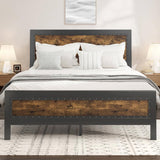 Queen Industrial Rivet Platform Bed Frame with Headboard in Rustic Wood Finish