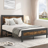 Queen Industrial Rivet Platform Bed Frame with Headboard in Rustic Wood Finish