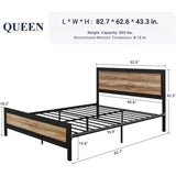 Queen Industrial Metal Wood Rivet Platform Bed Frame w/ Headboard and Footboard