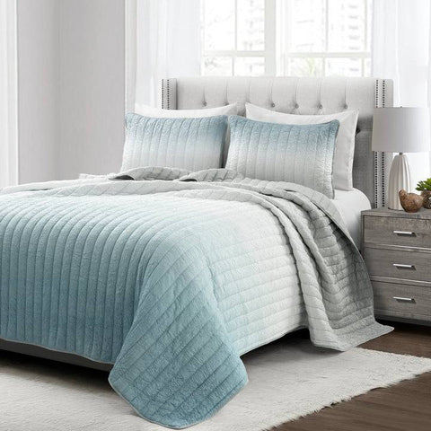 King size Aqua Blue and Grey Lightweight Polyester Fabric 3 Piece Quilt Set