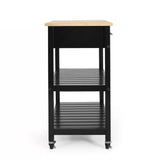 Modern Black Kitchen Island Cart with Wood Top 2 Drawers and 2 Bottom Shelves