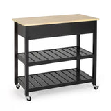 Modern Black Kitchen Island Cart with Wood Top 2 Drawers and 2 Bottom Shelves