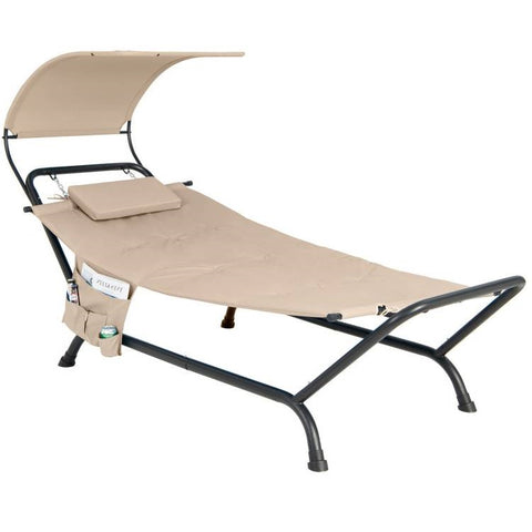 Outdoor Tan Hammock Style Chaise Lounge Chair Cot with Canopy and Storage Bag