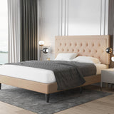 King size Beige Linen Platform Bed Frame with Button Tufted Headboard