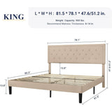King size Beige Linen Platform Bed Frame with Button Tufted Headboard