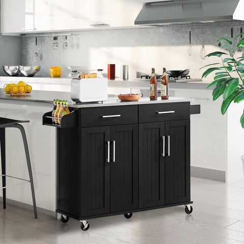 Black Kitchen Island Cart with Stainless Steel Top 2 Drawers and Cabinet
