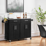 Black Kitchen Island Cart with Stainless Steel Top 2 Drawers and Cabinet