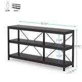 Industrial 55-inch Black Wood Shelf Sofa Table with Heavy Duty Metal Frame