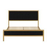 King size Gold Metal Platform Bed Frame with Black Velvet Upholstered Headboard