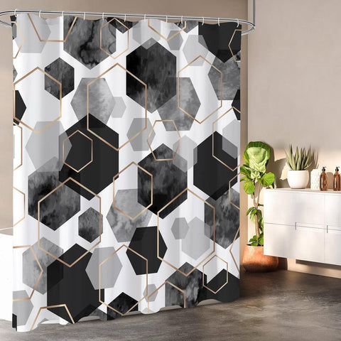 72"W x 72"H Black White Hexagonal Pattern Polyester Shower Curtain
