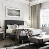 Queen Black Linen Upholstered Platform Bed Frame with Button-Tufted Headboard