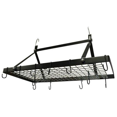 Black Metal Rectangular Pot Rack with 12 Hanging Hooks - Holds up to 40 lbs.