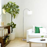 Modern Mid-Century Floor Lamp in Brushed Nickel Finish with White Drum Shade