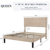 Queen size Beige Linen Platform Bed Frame with Button Tufted Headboard