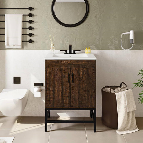 Modern Dark Brown Wood Bathroom Vanity with White Ceramic Sink