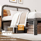 California King Heavy Duty Black Metal Bed Frame with Wood Panel Headboard