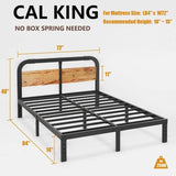 California King Heavy Duty Black Metal Bed Frame with Wood Panel Headboard
