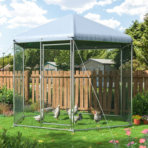 Hexagonal 9.2 Ft Outdoor Backyard Walk-in Metal Chicken Coop w/ Waterproof Cover