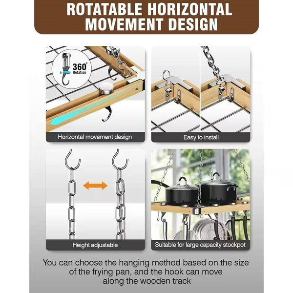 Rectangular 23.5-inch Metal Wood Ceiling Mounted Kitchen Pot Rack ...
