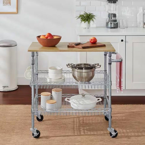 Kitchen Island Cart with Wood Top and 2 Bottom Storage Shelves on Wheels