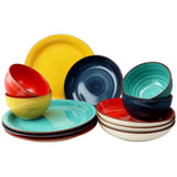 12-Piece Stoneware Dinnerware Set in Red Blue Green Yellow - Service for 4