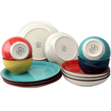 12-Piece Stoneware Dinnerware Set in Red Blue Green Yellow - Service for 4