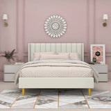 Queen Mid-Century Platform Bed Frame with Cream Velvet Upholstered Headboard