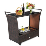 Outdoor Sturdy Resin Wicker Serving Bar Cart Brown Rattan