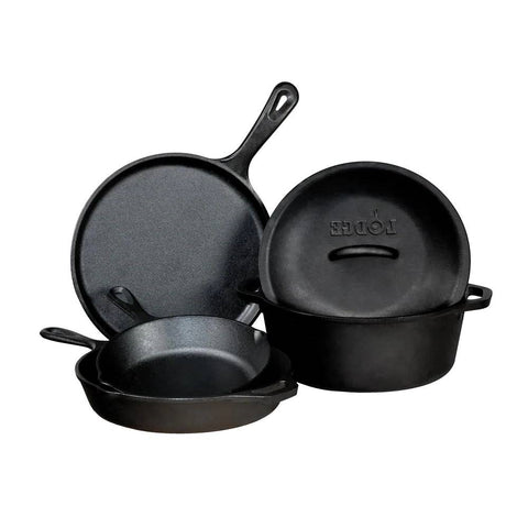 5-Piece Cast Iron Cookware Set with Dutch Oven Griddle and Skillets Made in USA