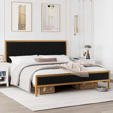 Full size Gold Metal Platform Bed Frame with Black Velvet Upholstered Headboard