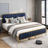 Full Gold Metal Platform Bed Frame with Navy Blue Velvet Upholstered Headboard