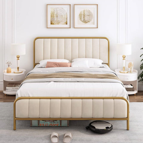 Full size Gold Metal Platform Bed Frame with Off-White Upholstered Headboard