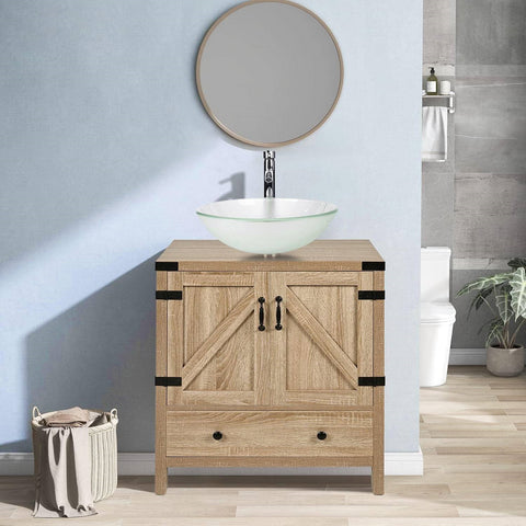 Modern Farmhouse Bathroom Vanity with Wooden Sliding Door and Frosted Glass Sink