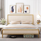 Full size Gold Metal Platform Bed Frame with Beige White Upholstered Headboard