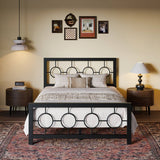 Full Black Metal Platform Bed Frame with Circle Medallion Headboard Footboard