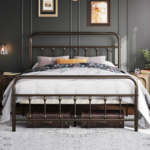 Full size Vintage Bronze Metal Platform Bed Frame with Headboard and Footboard
