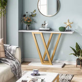 Modern Industrial Console Table with Faux White Marble Top and Gold Frame