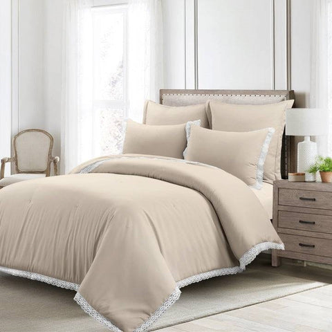 Full/Queen French Country Beige 5-Piece Lightweight Comforter Set w/ Lace Trim