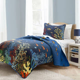 Full/Queen 3 Piece Ocean Navy Blue Clown Fish Coral Reef Reversible Quilt Set