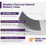 Full size 12-inch Charcoal Infused Memory Foam Mattress with Removable Cover