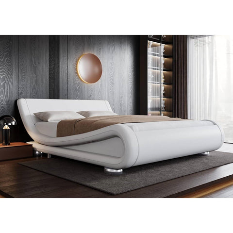 Full Modern White Upholstered Platform Bed Frame with Sleigh Curved Headboard