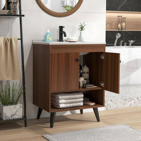 Modern Mid-Century Bathroom Vanity in Walnut with Sink Faucet and Drain
