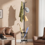 Black Metal Entryway Coat Rack Hall Tree with Umbrella Stand
